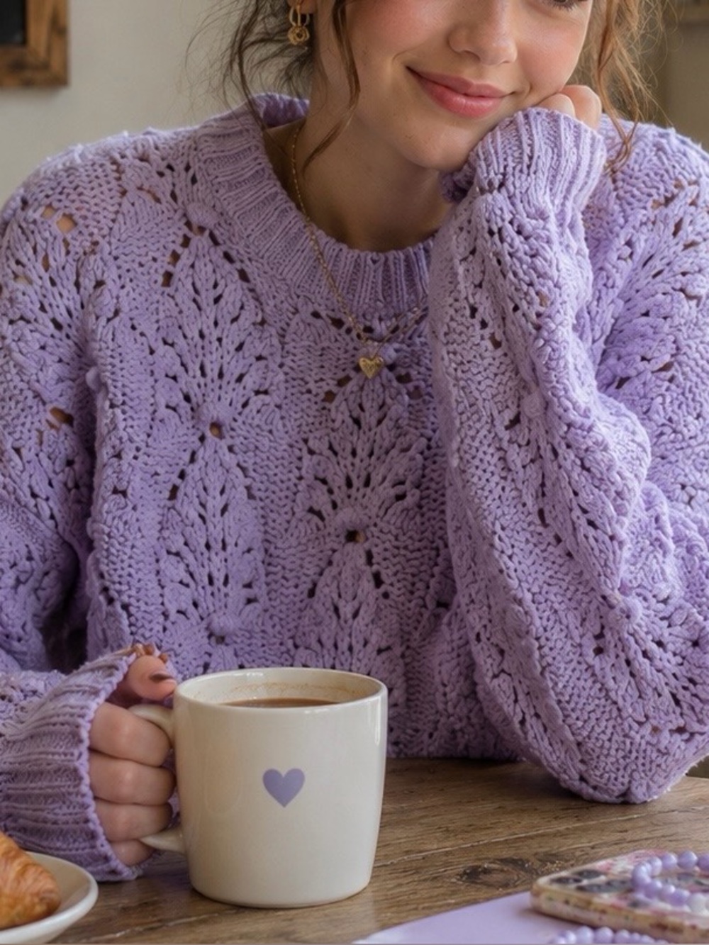 Aerie Lavender Openwork Crewneck Sweater Medium